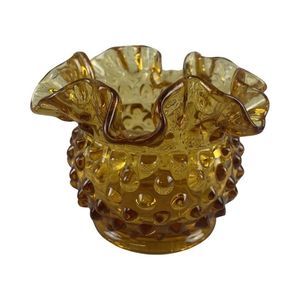 Vintage Amber Hobnail Crimped Vase
